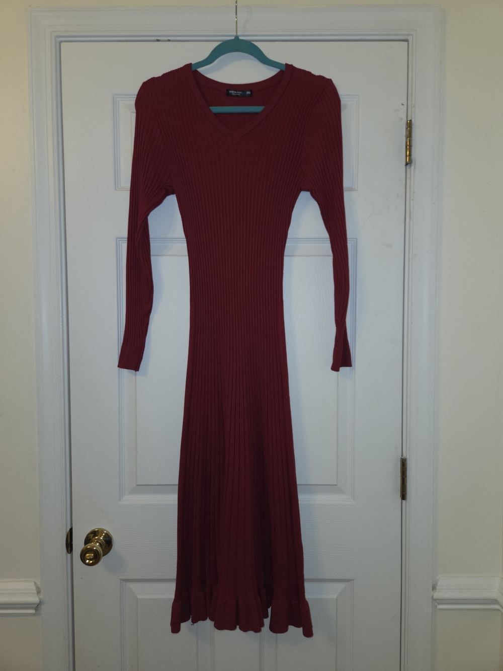 SHEIN Burgundy Ribbed Long-Sleeve Midi Fitted Sweater Dress
